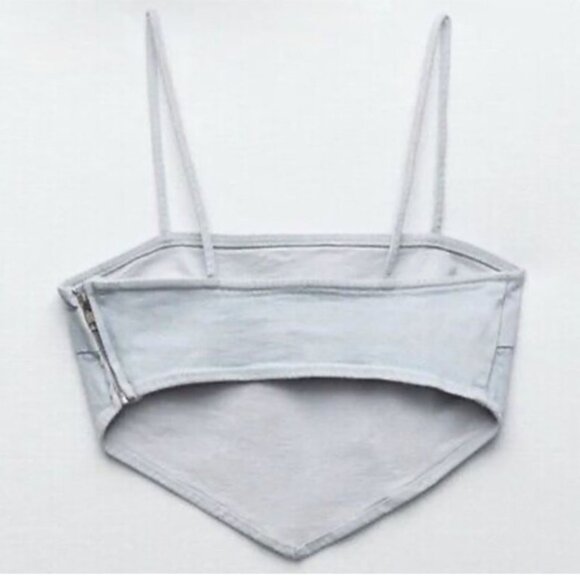 ZARA Womens Light-wash Denim Bandana Cut Zipper Back Crop Top Blouse Sz Large - Picture 4 of 8